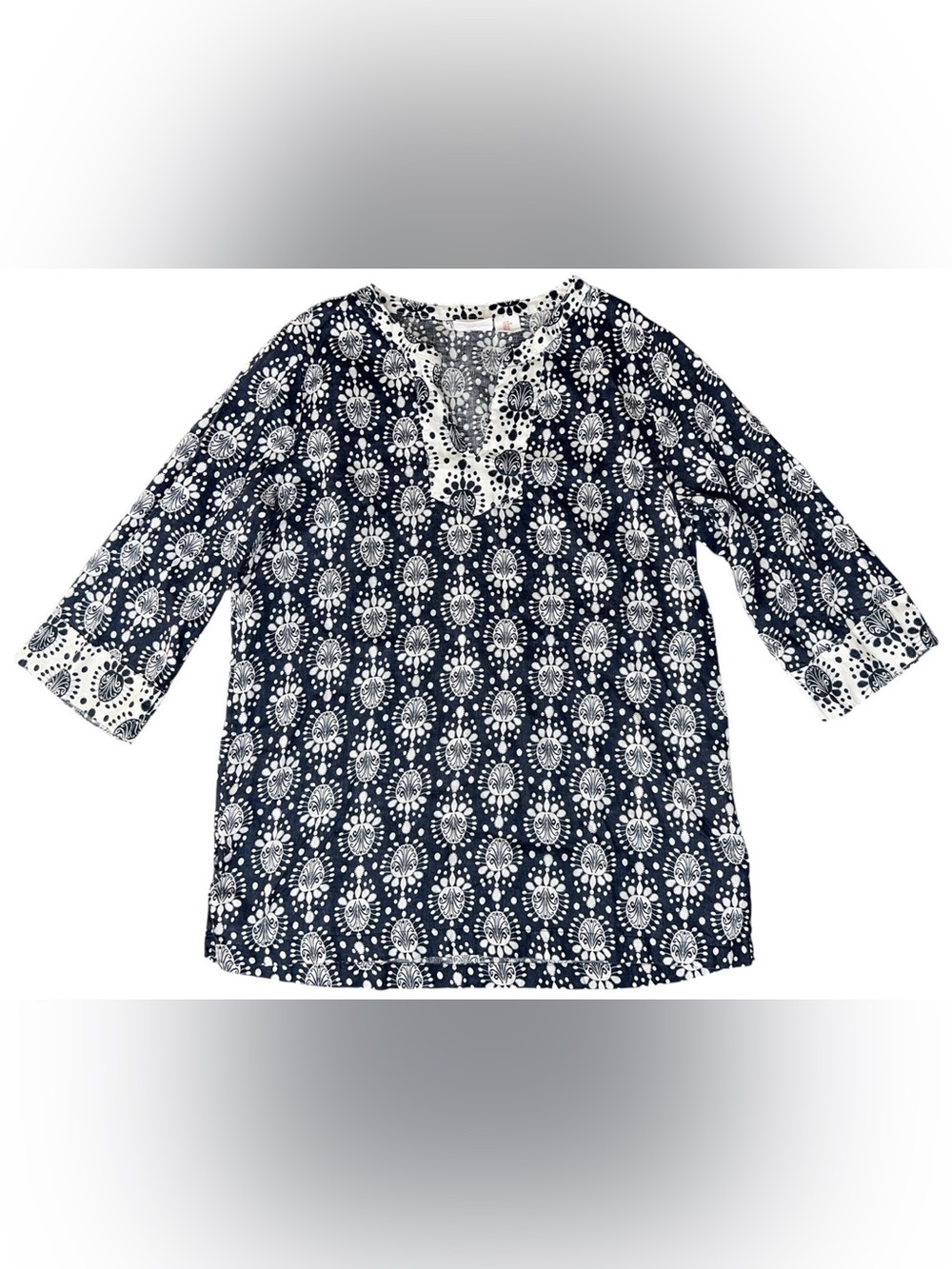 Sigrid Olsen 100% Linen Top Womens Medium Navy White V Neck Coastal Casual Chic